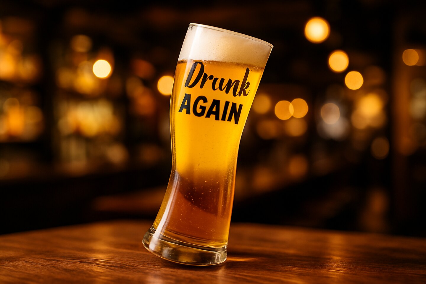 Scheef bierglas met de tekst Drunk Again op een cafetafel
